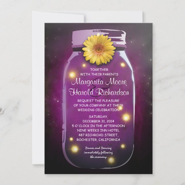 Fireflies & Purple Mason Jar Whimsical Wedding Invitation (Front)