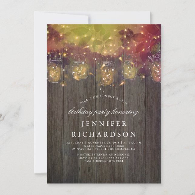 Firefly Lights and Mason Jar Rustic Birthday Party Invitation (Front)