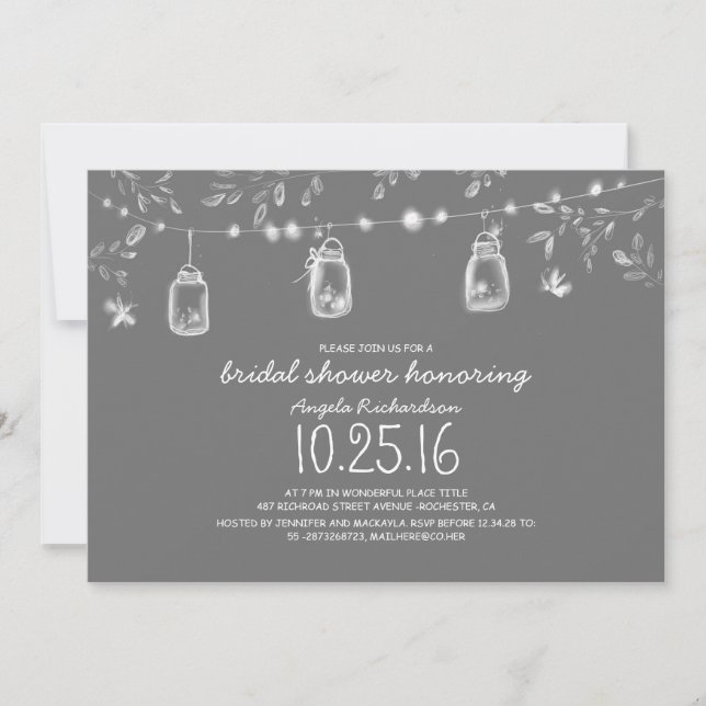 firefly lights mason jars rustic bridal shower invitation (Front)