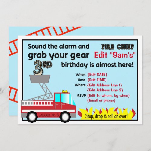 Fireman 3rd birthday party invitations Firefighter