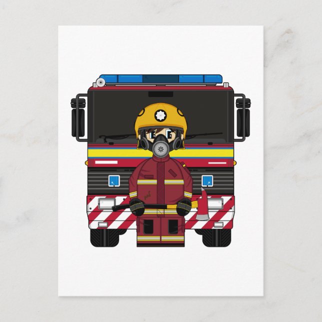 Fireman and Fire Engine Postcard (Front)