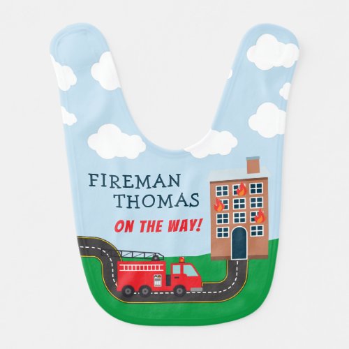 Fireman and Fire Truck with First Name Little Boy Baby Bib