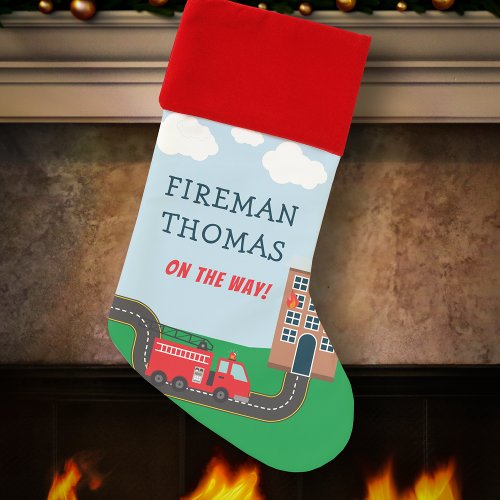 Fireman and Fire Truck with First Name Little Boy Christmas Stocking