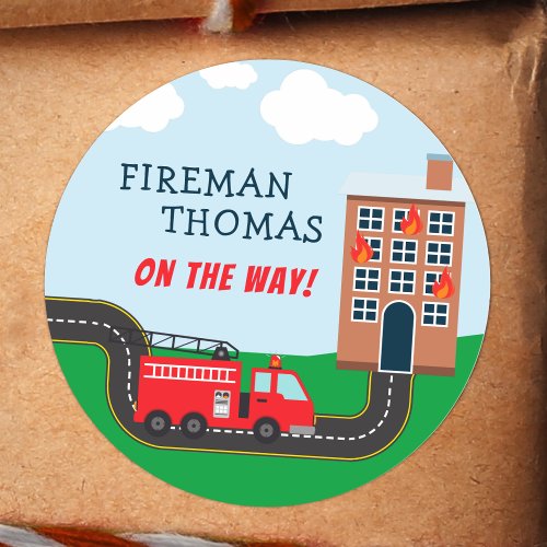 Fireman and Fire Truck with First Name Little Boy Classic Round Sticker
