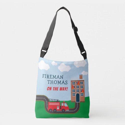 Fireman and Fire Truck with First Name Little Boy Crossbody Bag