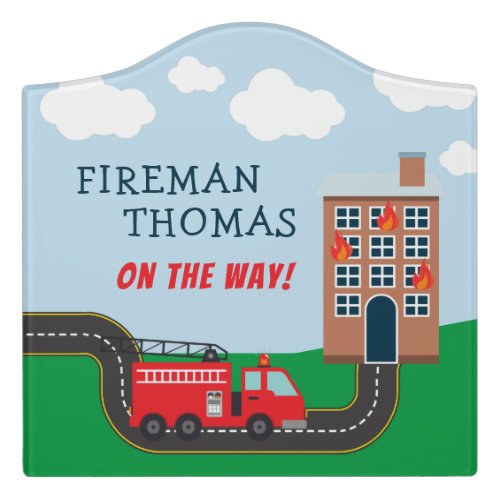 Fireman and Fire Truck with First Name Little Boy Door Sign