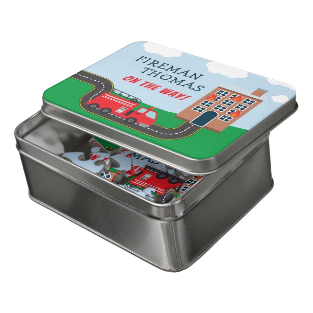 Fireman and Fire Truck with First Name Little Boy Jigsaw Puzzle (Lid Open)