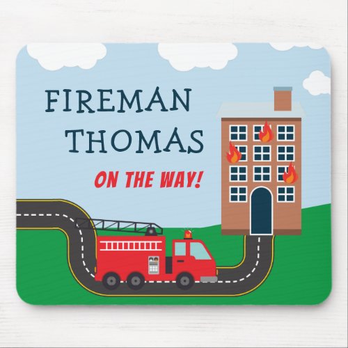 Fireman and Fire Truck with First Name Little Boy Mouse Pad