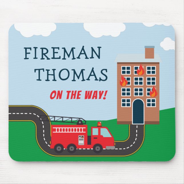 Fireman and Fire Truck with First Name Little Boy Mouse Pad (Front)