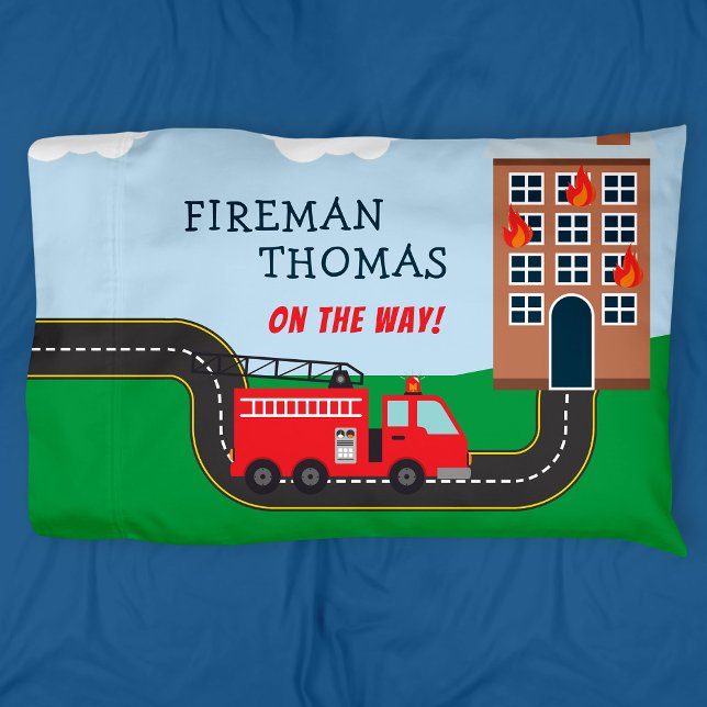Fireman and Fire Truck with First Name Little Boy Pillow Case (Creator Uploaded)