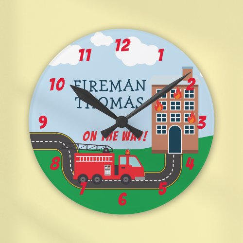 Fireman and Fire Truck with First Name Little Boy Round Clock
