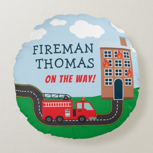 Fireman and Fire Truck with First Name Little Boy Round Pillow