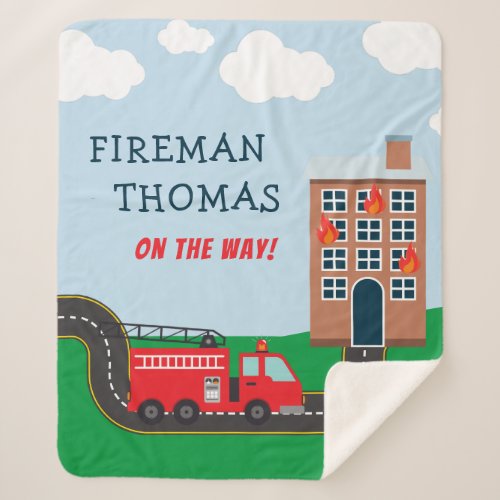 Fireman and Fire Truck with First Name Little Boy Sherpa Blanket