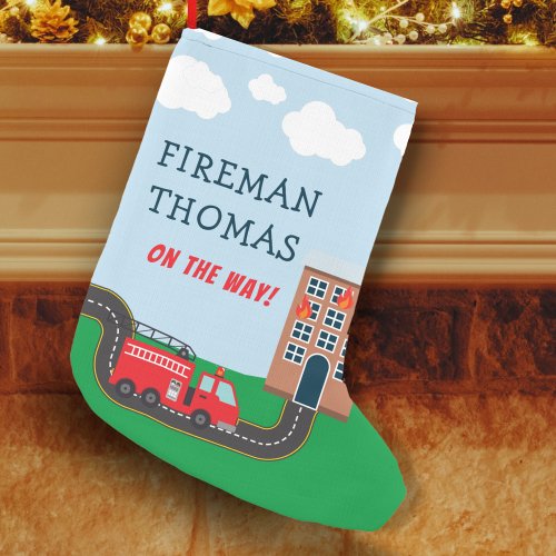 Fireman and Fire Truck with First Name Little Boy Small Christmas Stocking