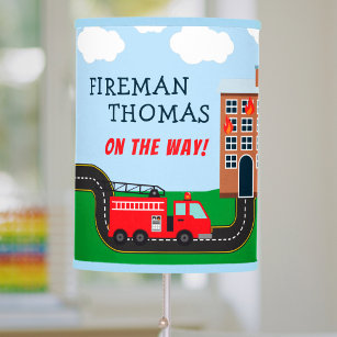 Fireman and Fire Truck with First Name Little Boy Table Lamp