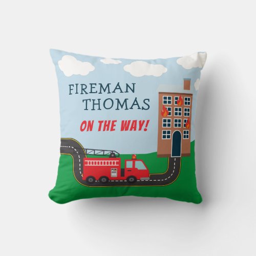 Fireman and Fire Truck with First Name Little Boy Throw Pillow