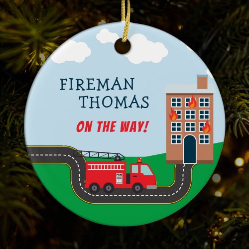 Fireman and Fire Truck with Name Boy Christmas Ceramic Ornament