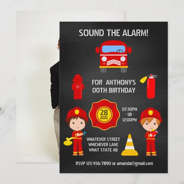 Fireman Birthday Chalkboard add photo invitation (Front/Back)