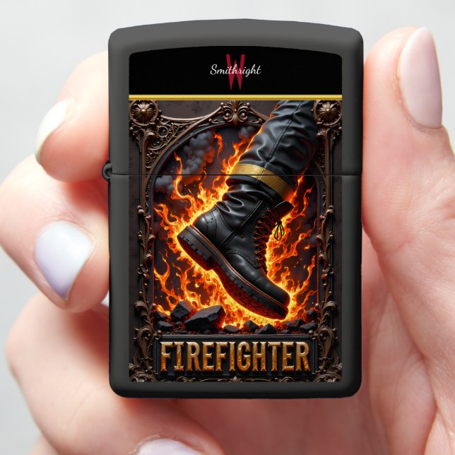 Fireman Boot Standing Flames Heat Design Zippo Lighter (In Hand)