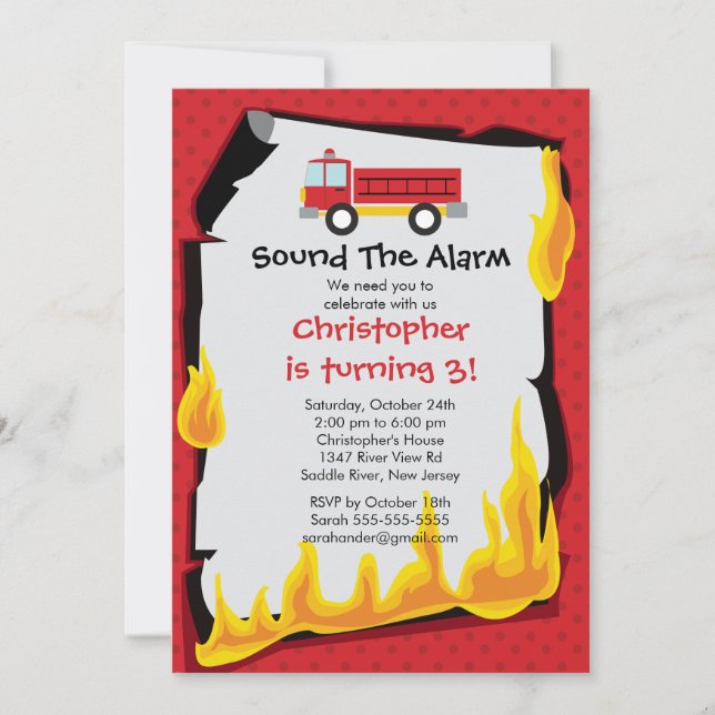 Fireman Boy Firetruck Birthday Party Invitation (Front)