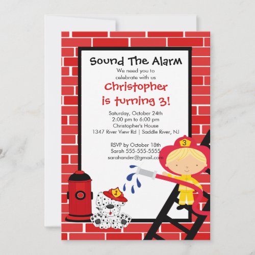 Fireman Boy Firetruck Birthday Party Invite