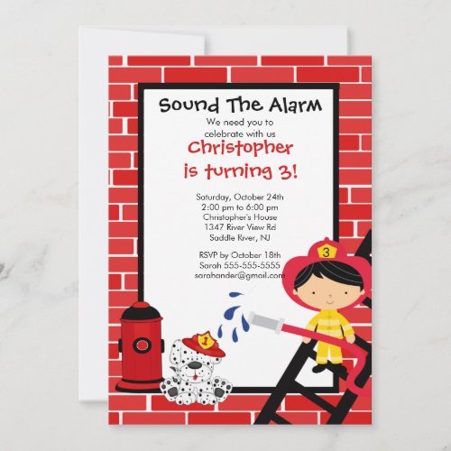 Fireman Boy Firetruck Birthday Party Invitation