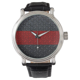 Fireman Diamond Plate Thin Red Line Watch