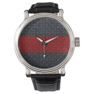 Fireman Diamond Plate Thin Red Line Watch