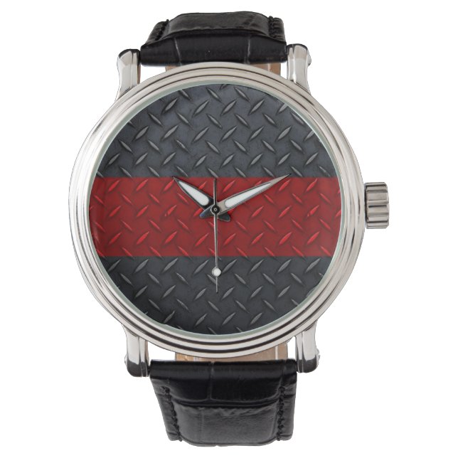 Fireman Diamond Plate Thin Red Line Watch (Front)