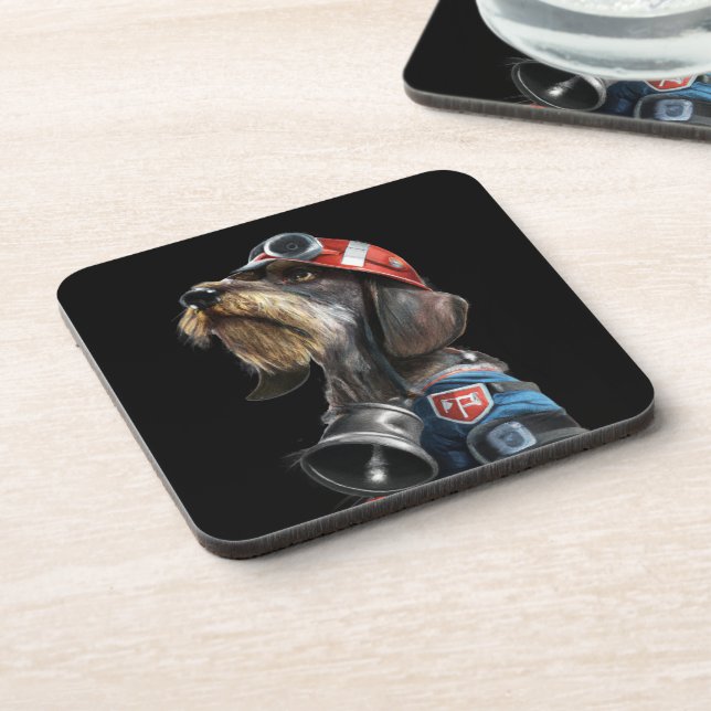 Fireman Fire Chief Wire-Hair Dachshund Dog Beverage Coaster (Left Side)