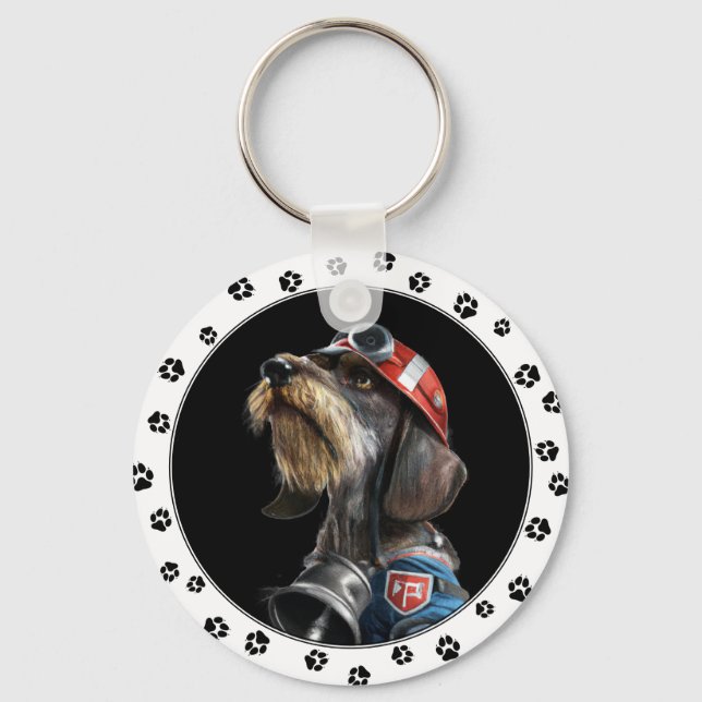 Fireman Fire Chief Wire-Hair Dachshund Dog Keychain (Front)