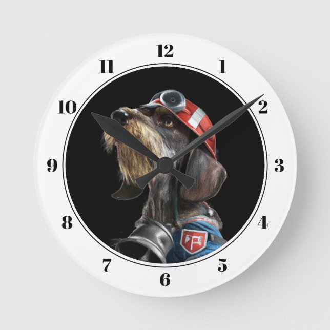 Fireman Fire Chief Wire-Hair Dachshund Dog Round C Clock (Front)