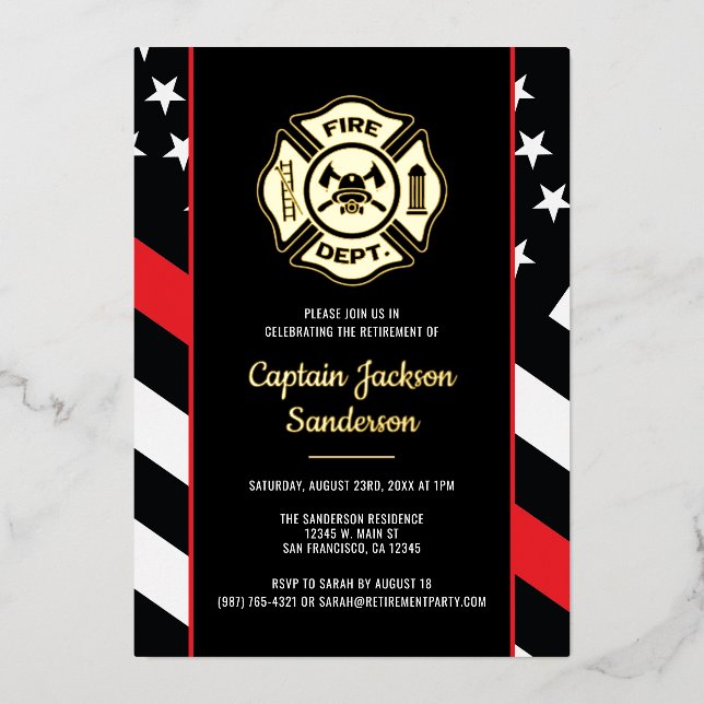 Fireman Fire Department Firefighter Retirement Foil Invitation (Front)