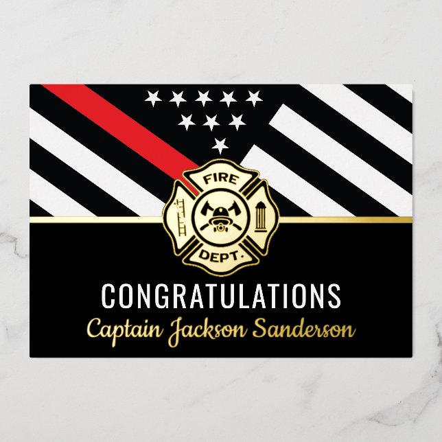 Fireman Fire Department Flag Firefighter Retirment Foil Invitation (Front)