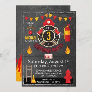 Fireman Fire Department Gear And Badge Birthday Invitation by NouDesigns at Zazzle