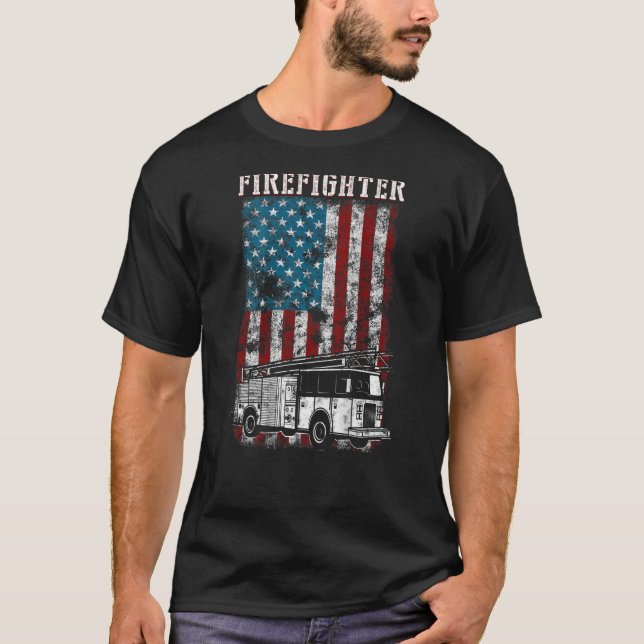 Fireman fire truck Distressed Firefighter American T-Shirt (Front)