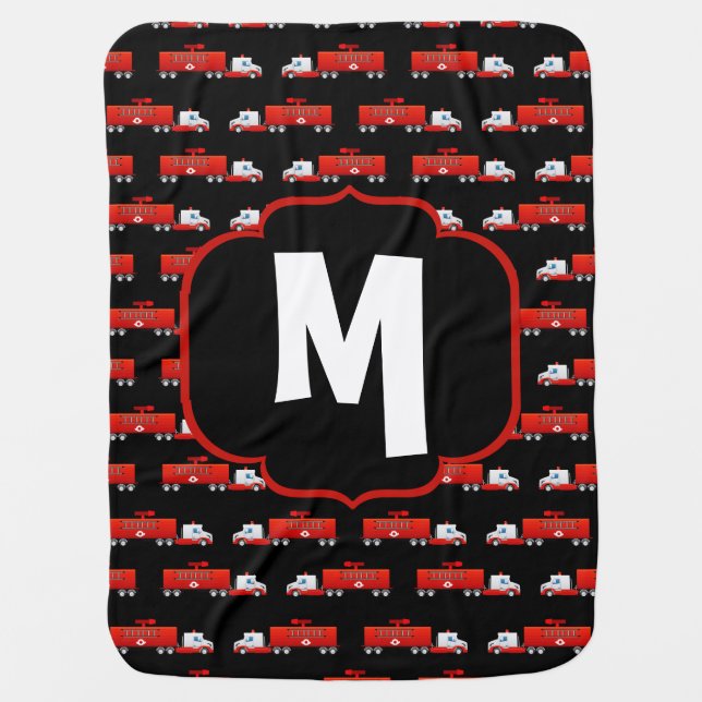 Fireman Fire Truck Red and Black Initial Firetruck Baby Blanket (Front)