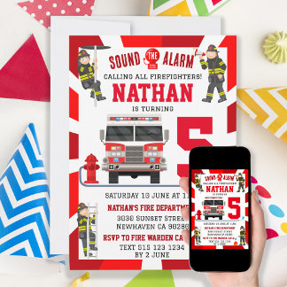 Fireman Firefighter Birthday Fire Truck Party Invitation
