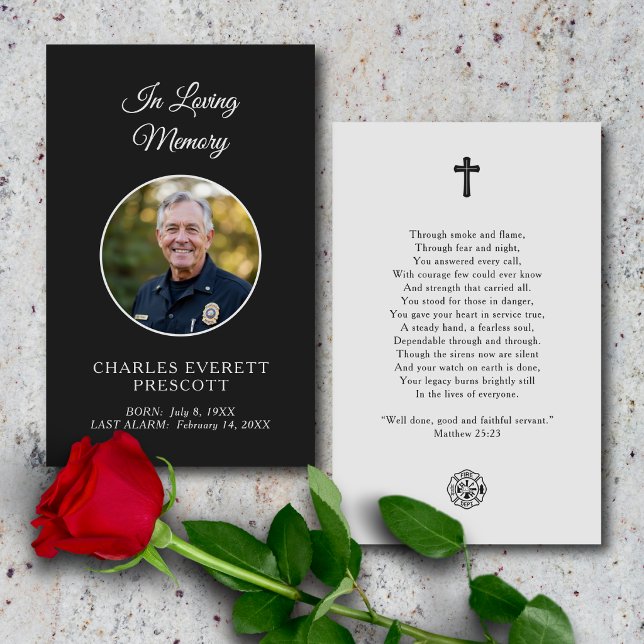 Fireman Funeral Memorial Photo Prayer Card Black (Personalized firefighter memorial card with photo, poem, and scripture.)