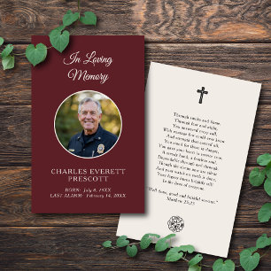 Fireman Funeral Memorial Photo Prayer Card Red
