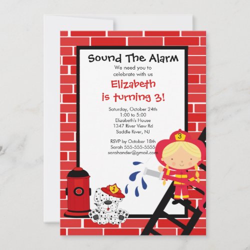 Fireman girl Firetruck Birthday Party Custom Announcements