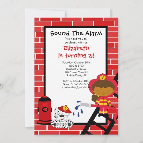 Fireman girl Firetruck Birthday Party Personalized Announcements