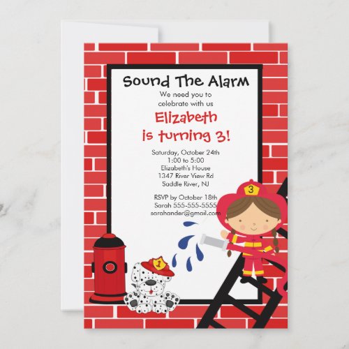 Fireman girl Firetruck Birthday Party Announcement