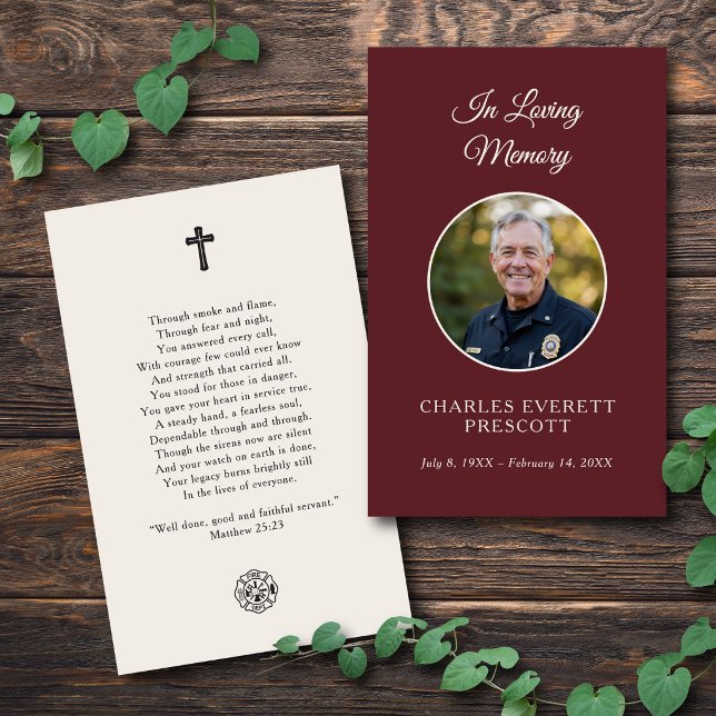 Fireman Memorial Funeral Photo Prayer Card Red (Custom photo prayer card featuring a modern firefighter-inspired design.)