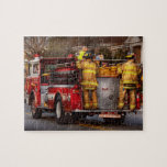 Fireman - Metuchen Fire Department Jigsaw Puzzle<br><div class="desc">Metuchen, NJ - The firefighters still ride on the back of trucks here. It's far more efficient than opening a door. They of course have the mascot on the roof, who needs a Dalmatian when they have a sloppy bulldog on board. This would make a great gift for any fireman...</div>