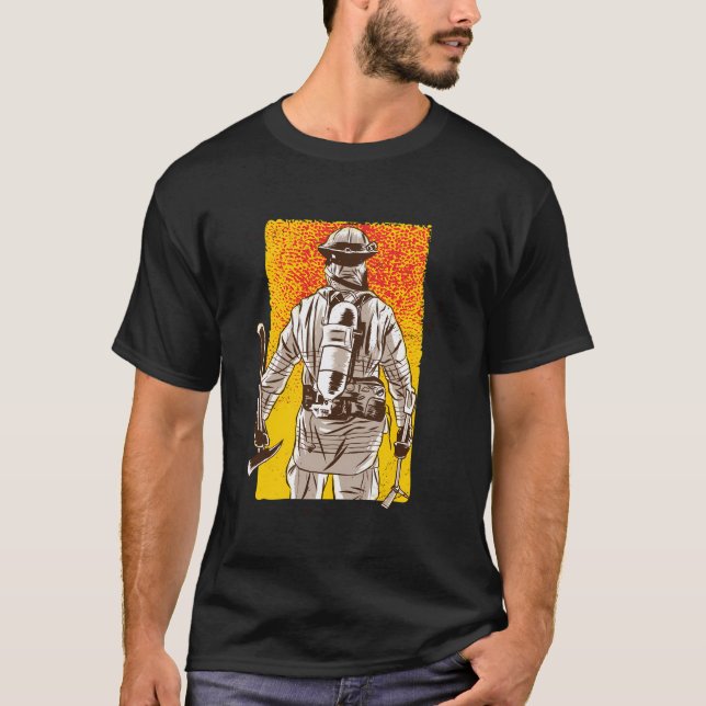 Fireman Motif With Fire Brigade Axe And Fire Briga T-Shirt (Front)