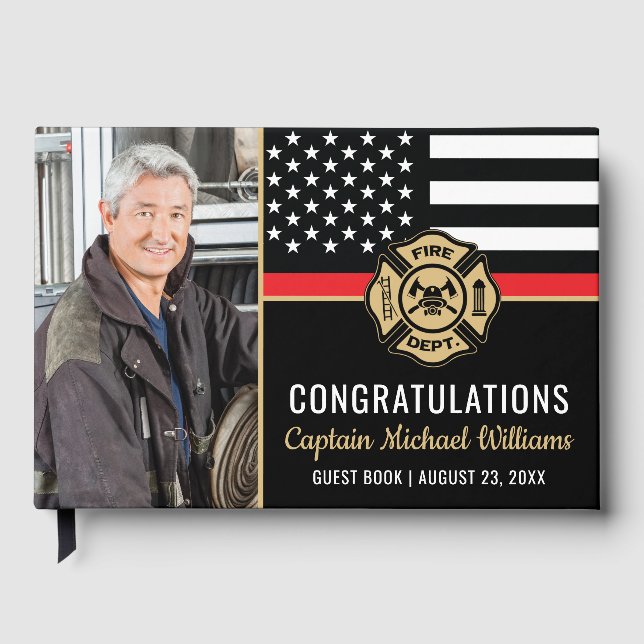 Fireman Photo Red Line Flag Firefighter Retirement Guest Book (Front)