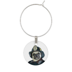 Fireman pug dog wine glass charm