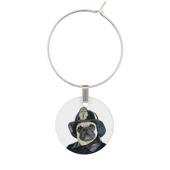 Fireman pug dog wine glass charm (Front)