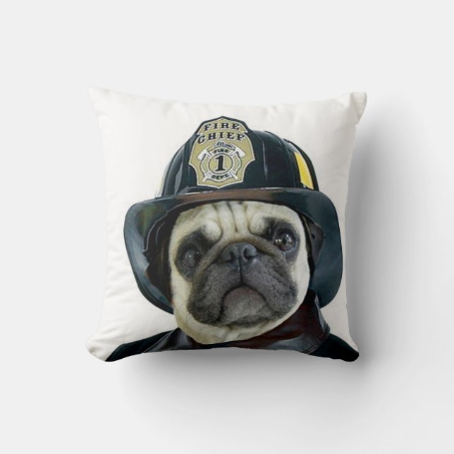 Fireman pug throw pillow (Front)